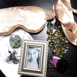 Junk drawer small lot random items sleep mask earrings photo frame